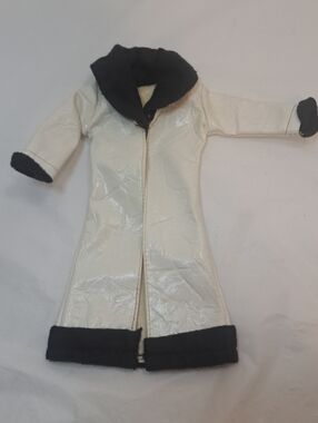 Vintage Barbie Clone White Vinyl Trench Coat-Brown Collar Trim & Cuffs- Pristine